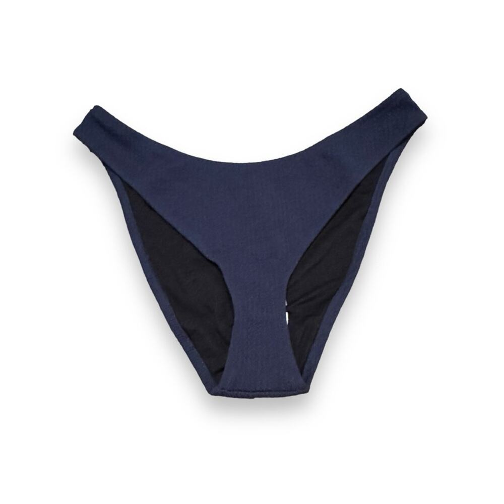 J. Crew Textured Curved-Waist Cheeky Bikini Swim Bottom in Navy Blue‎ Sz L NEW